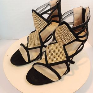 MONROE & MAIN Black with Gold Diamond Studs Open Toe Heels Size 7M